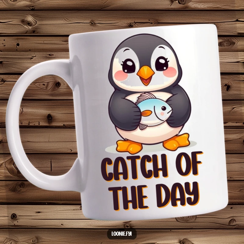 Funny Puffin Mug: A happy puffin with a wide smile, clutching a small fish, radiating pure delight and seaside charm.