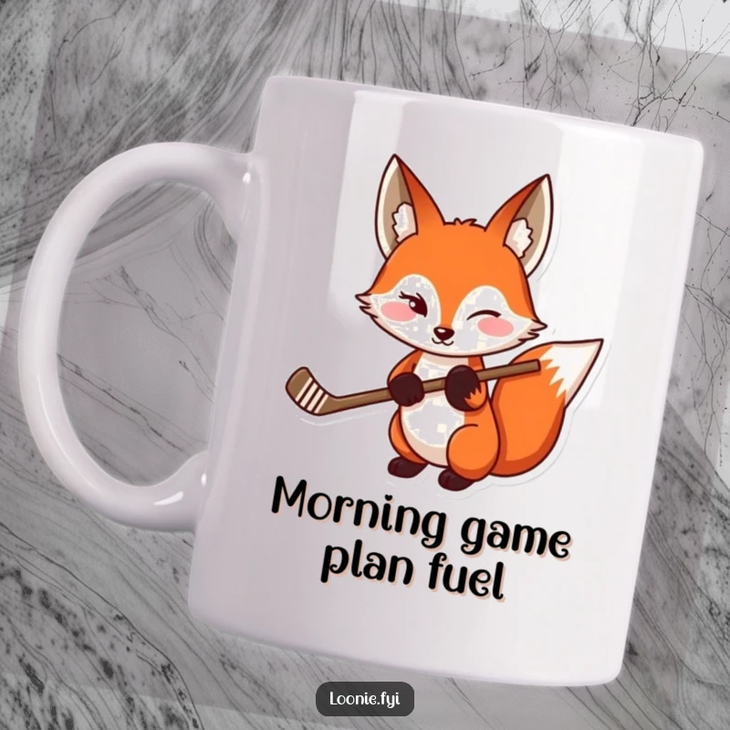 Funny Red Fox Hockey Mug: A sly red fox winking and holding a hockey stick, ready for a playful gift.