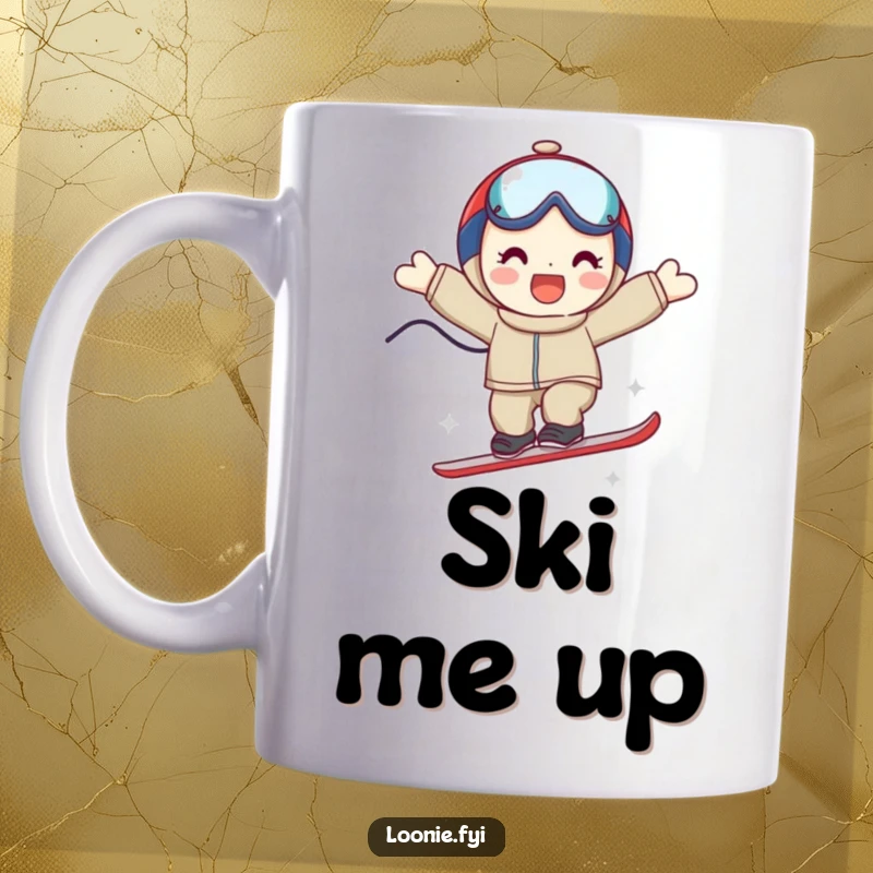 Funny ceramic mug showing a smiling character executing a triumphant ski jump with great style and a joyful expression.