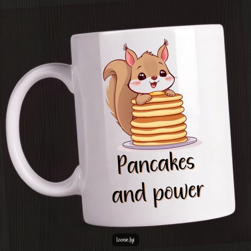 Funny mug with a cheerful squirrel balancing a tall stack of pancakes, showcasing its impressive breakfast skills.