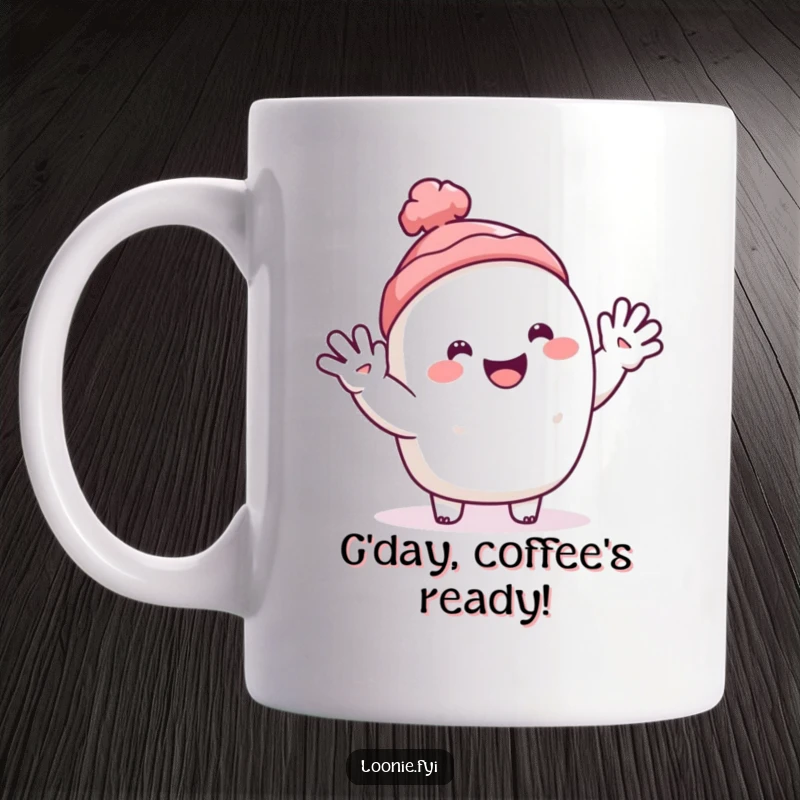 Funny mug featuring a happy toque character with a smiling face, performing a friendly, cheerful wave.