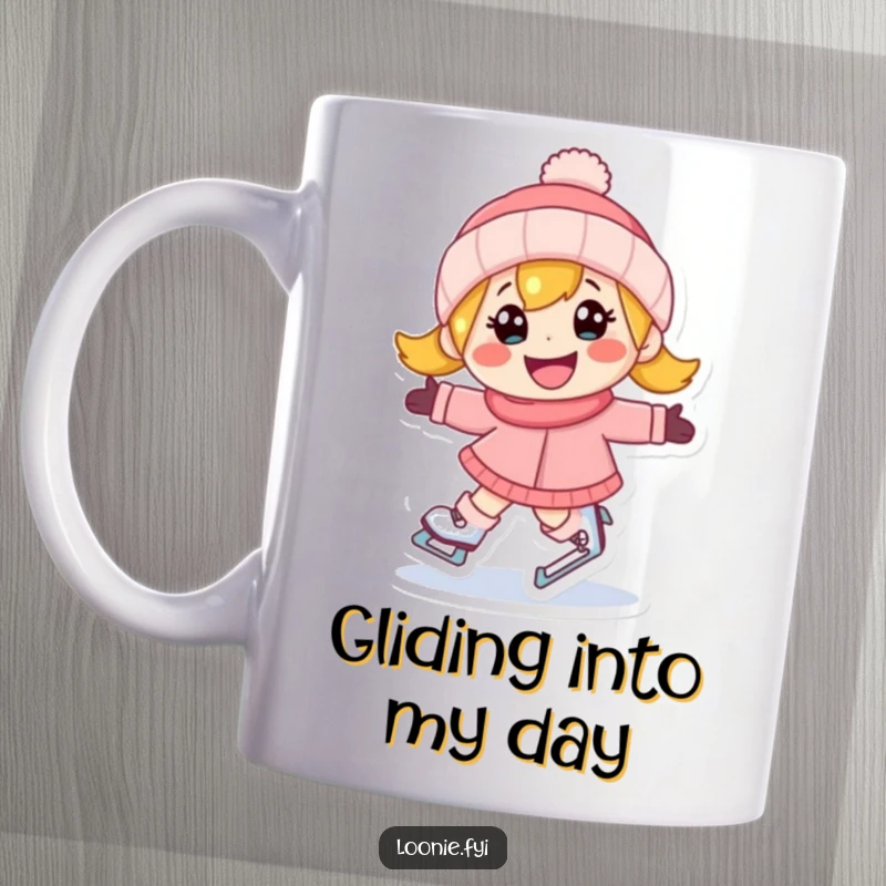 Funny mug with a happy character determinedly ice skating with a joyful grin; perfect gift for winter sports fans.