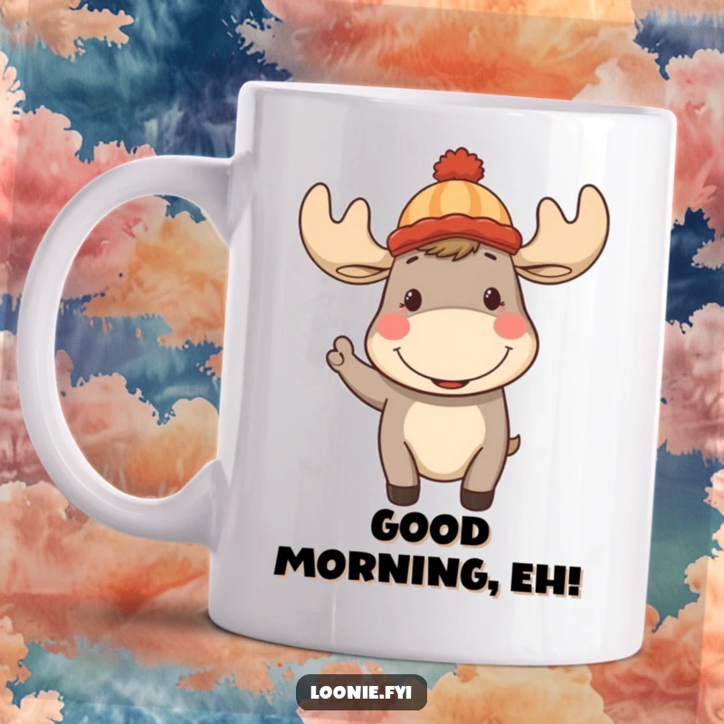 Funny Moose Mug: Cheerful moose wearing a Canadian toque, smiling and waving hello, perfect for winter gift.