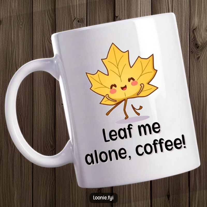 Funny mug featuring a playful maple leaf character joyfully doing a little dance, full of spirit.