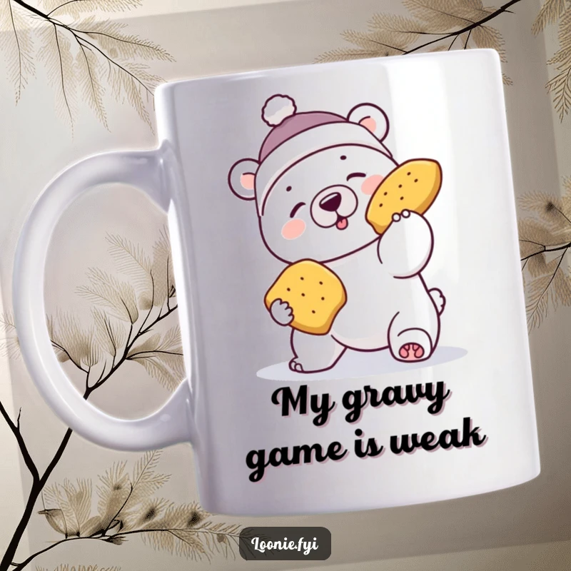 Funny polar bear mug with a tiny toque comically failing to catch a flying poutine, showcasing a hilarious Canadian food moment.