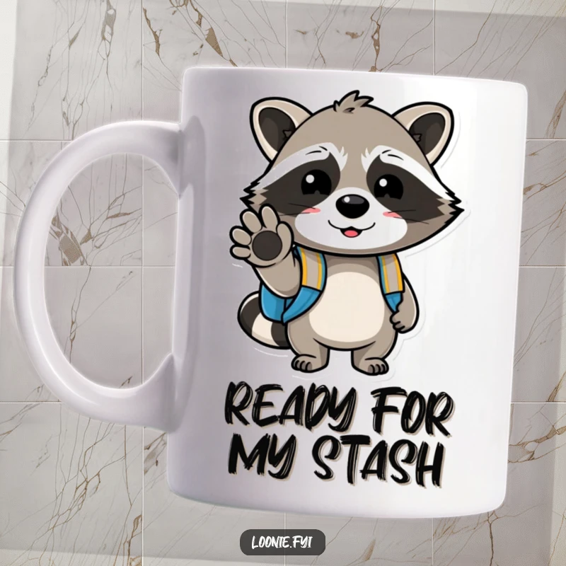 Funny mug featuring a cheerful raccoon in a backpack, winking with its paw, conveying a playful and friendly vibe, suitable for gifting.