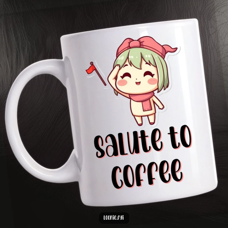 Funny ceramic mug with a happy character saluting with a small flag, conveying joy and patriotism.