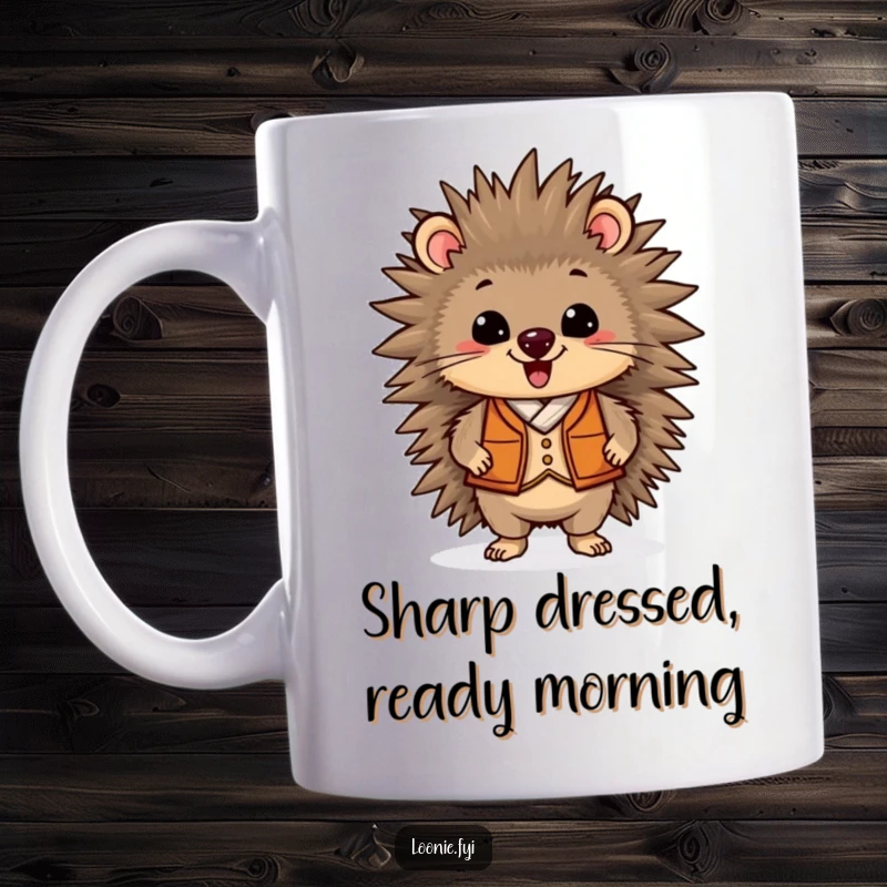 Funny mug featuring a delighted porcupine in a stylish vest, standing proudly with a cheerful expression, perfect for gift giving.