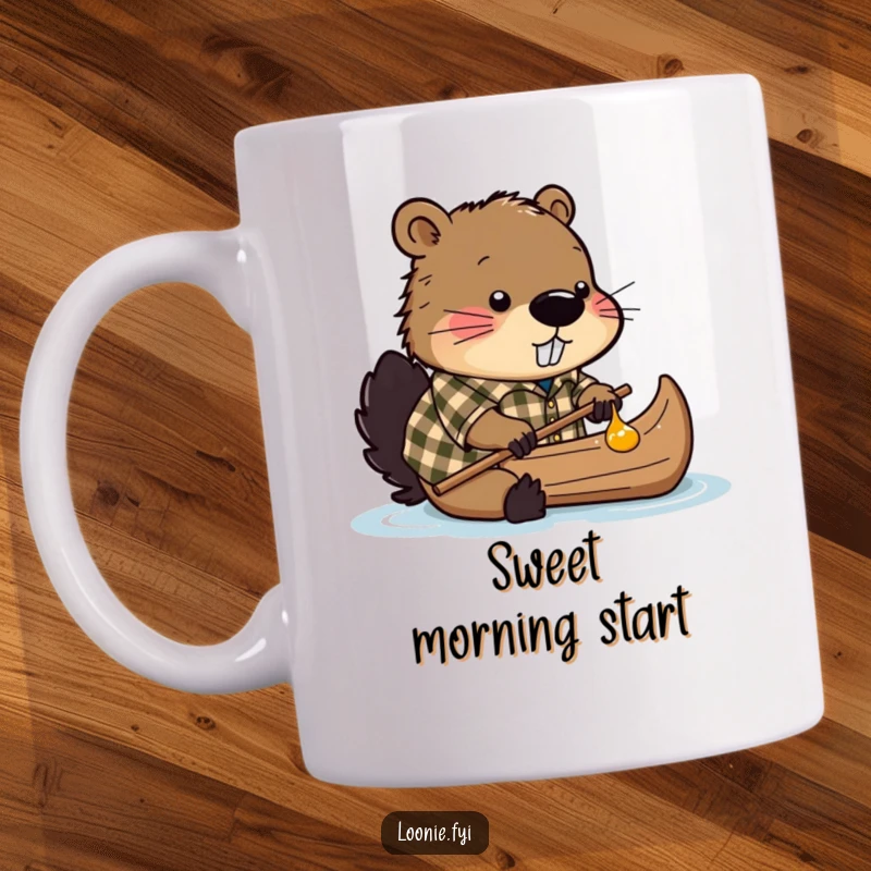 Funny mug featuring a beaver in a plaid shirt, diligently trying to build a canoe out of flowing maple syrup.