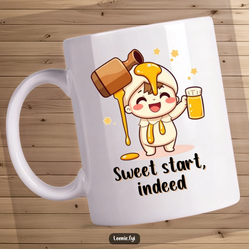 Funny mug featuring a cheerful character performing a celebratory maple syrup pour; perfect for breakfast lovers.