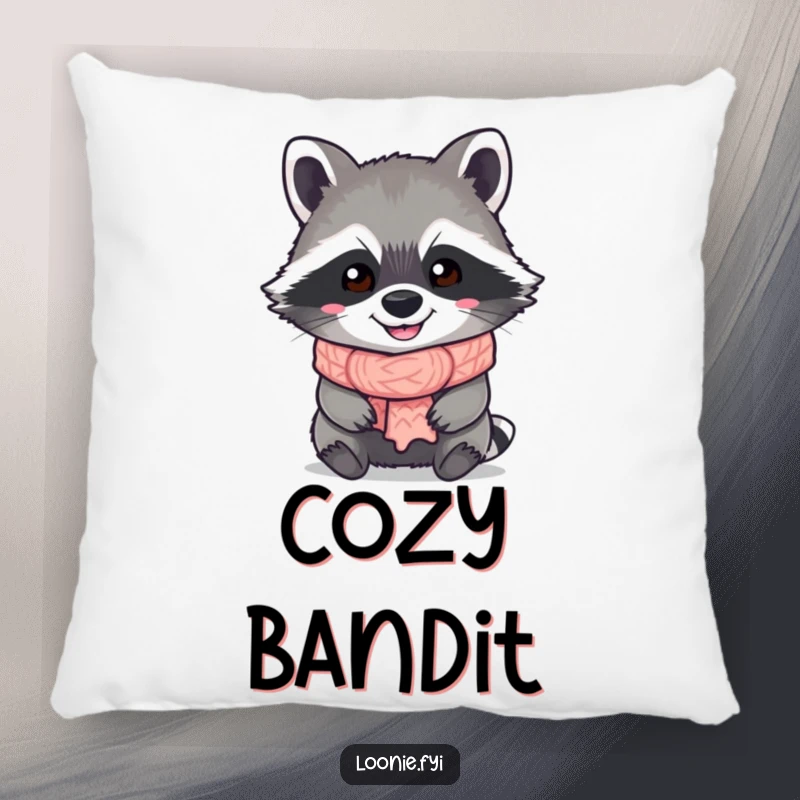 Funny Raccoon Pillow: A soft, decorative pillow showcasing a grinning raccoon in a knitted scarf, adding humor and coziness.