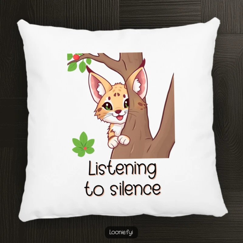 Funny pillow featuring a happy lynx with large ears, peeking from behind a tree, offering comfort and a touch of woodland mystery.