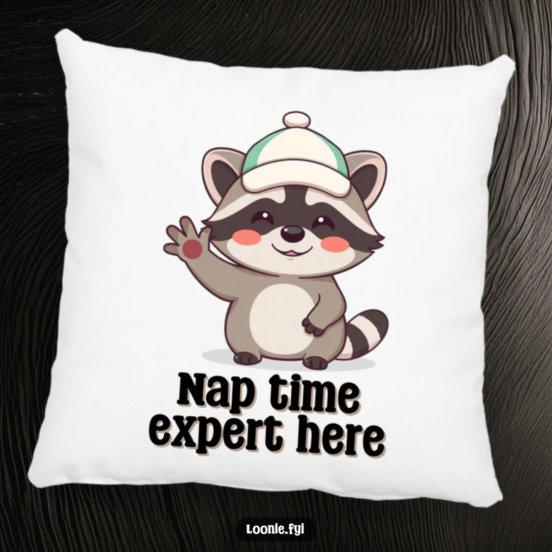 Funny pillow featuring a delightful, giggling raccoon in a tiny cap waving hello, offering comfort and a touch of whimsical cheer.