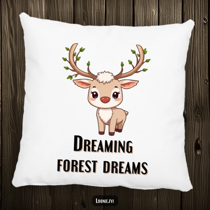 Funny pillow featuring a proud caribou with antlers adorned by numerous tiny, green leaves, offering natural comfort.