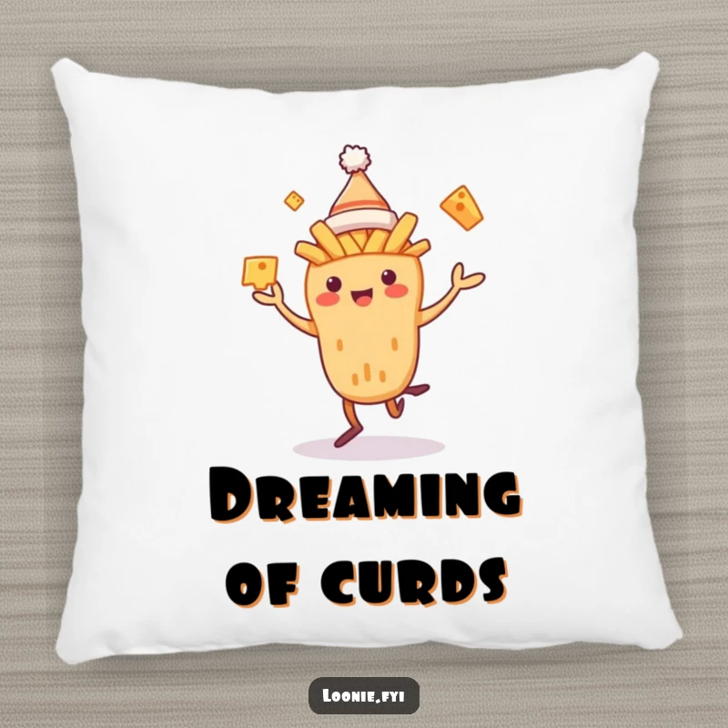 Funny Poutine Pillow with a soft poutine creature in a toque juggling cheese curds, designed for comfort and food-themed humor.