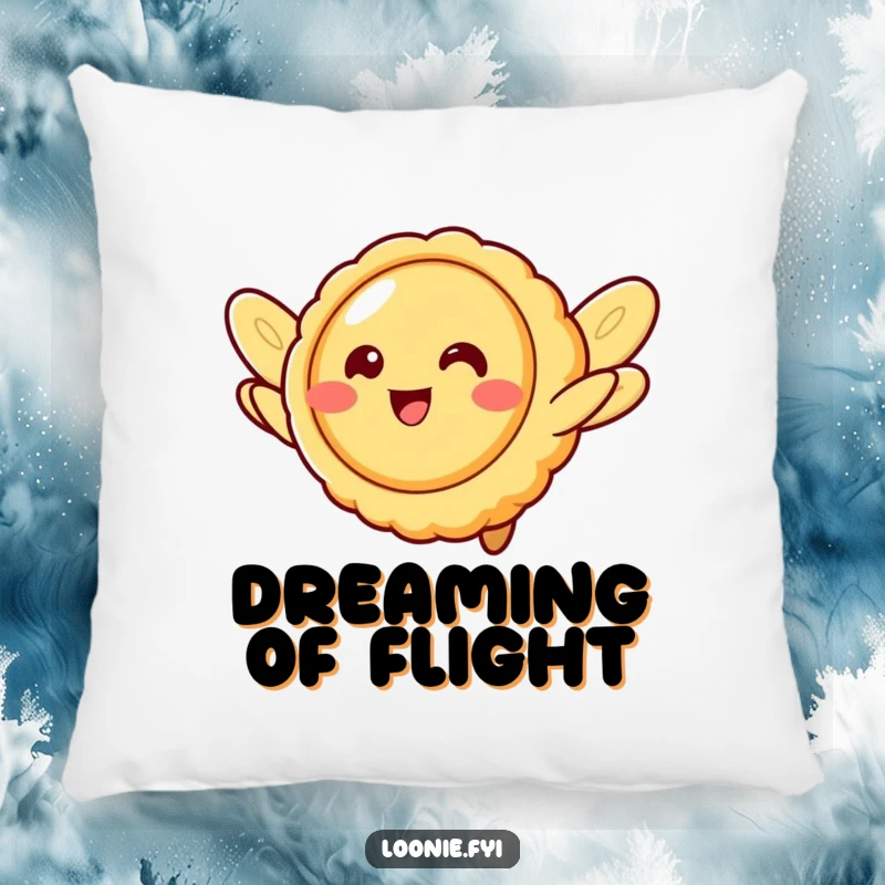 Funny butter tart character with cookie wings, attempting to fly, a soft and cuddly pillow for sweet dreams.