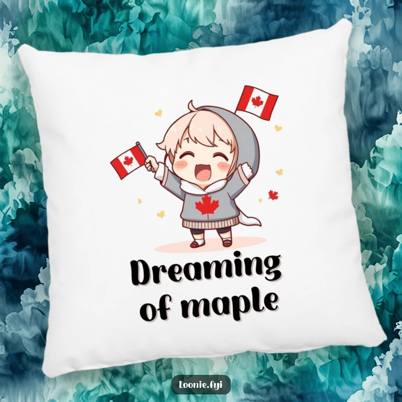 Funny Pillow: Excited character proudly holds a Canadian flag and cheers, bringing soft comfort and patriotic vibes. Great funny gift.