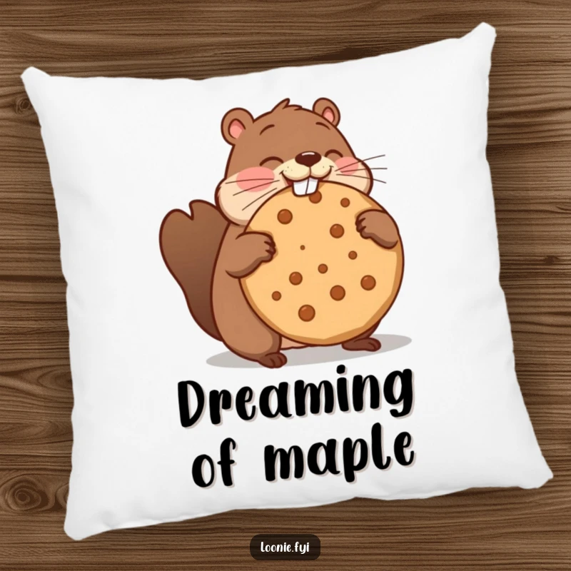 Funny pillow with a beaver comically trying to bite into a huge maple cookie, adding a touch of funny comfort.