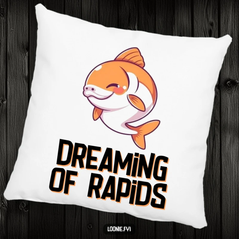 Funny pillow featuring a determined and happy salmon frozen in a joyful leap, perfect for aquatic lovers.