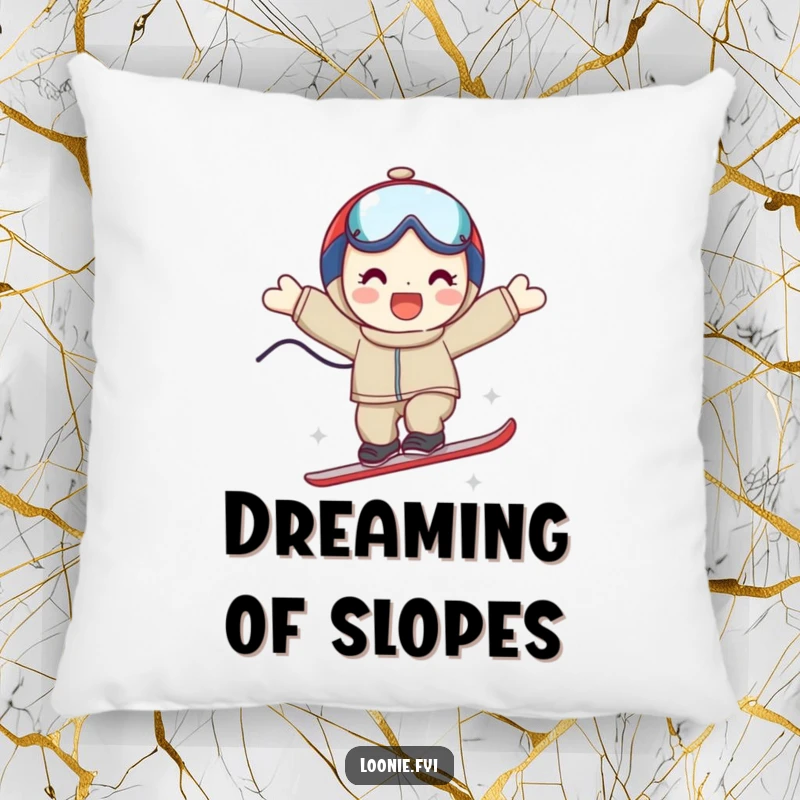 Funny decorative pillow with a smiling character mid-triumphant ski jump, offering comfort and a humorous, dynamic element.