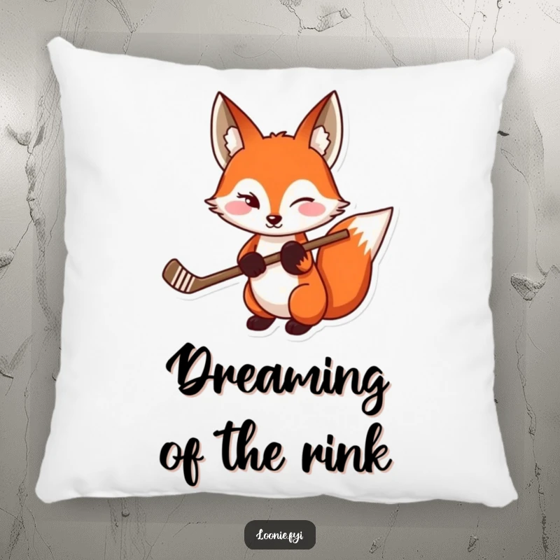 Funny Red Fox Hockey Pillow: A soft pillow with a winking red fox holding a hockey stick, offering a funny gift of comfort.