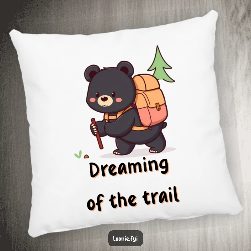 Funny pillow featuring a content black bear with a backpack, ready for exploration, offering comfort and a touch of wilderness charm.