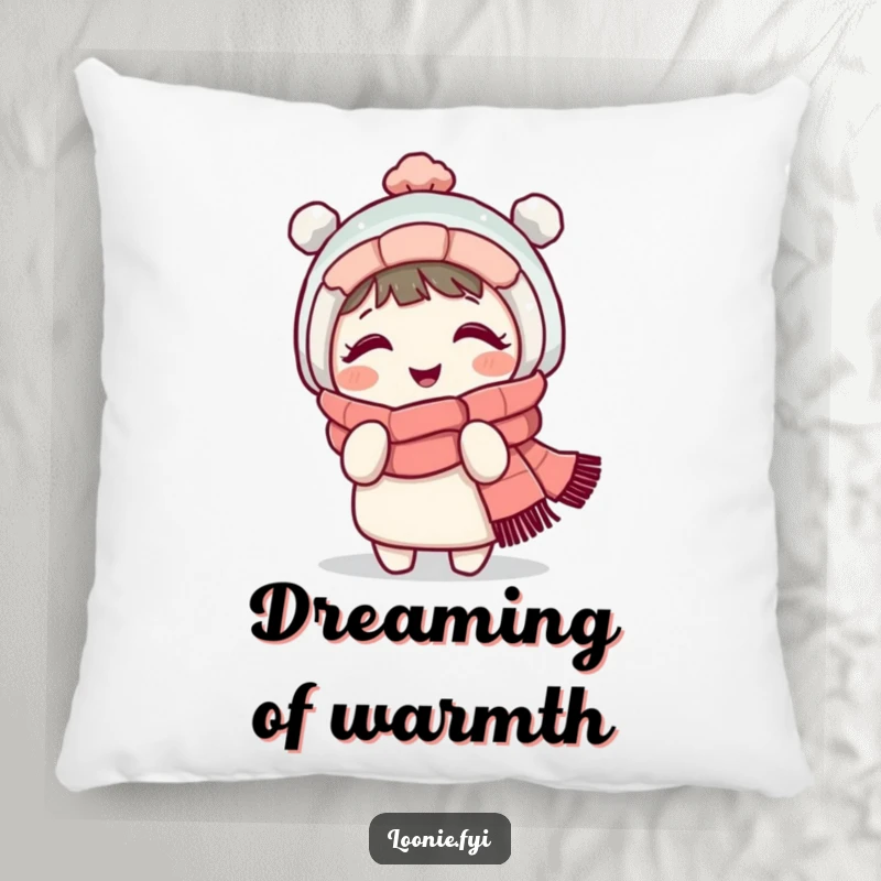 Funny decorative pillow with a giggling character in a warm scarf, playfully shivering, offering plush comfort and a humorous visual.