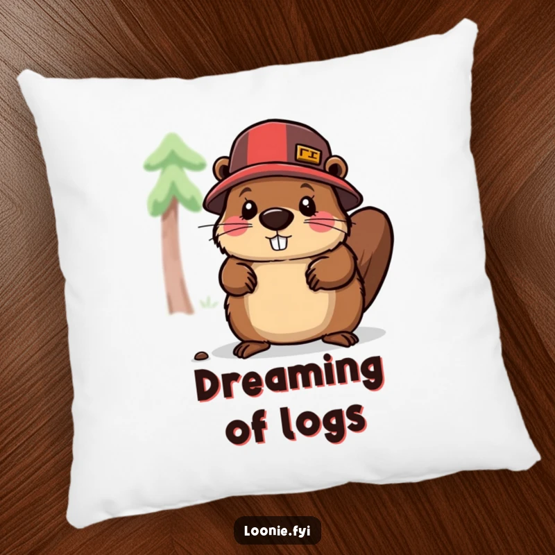 Funny pillow designed with a beaver lumberjack chopping wood, offering soft comfort and a humorous visual of hard work and perseverance.