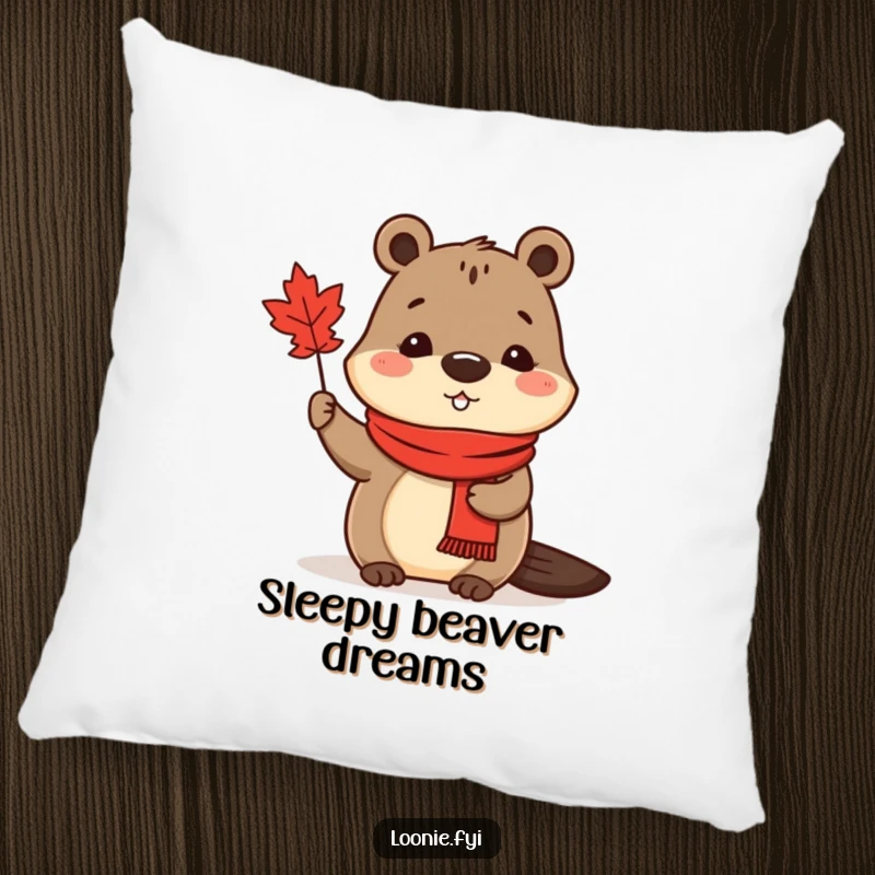 Funny Pillow: A cute beaver wearing a red scarf waves a maple leaf, offering soft comfort and charm.