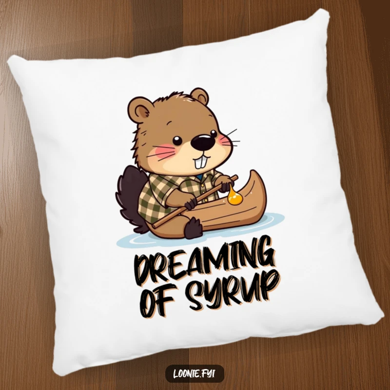 Funny pillow featuring a beaver in a plaid shirt, surrounded by sticky maple syrup, creating a canoe.