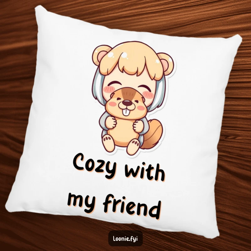 Funny pillow showcasing a delighted character holding a beaver puppet with fond amusement, perfect for comfort.