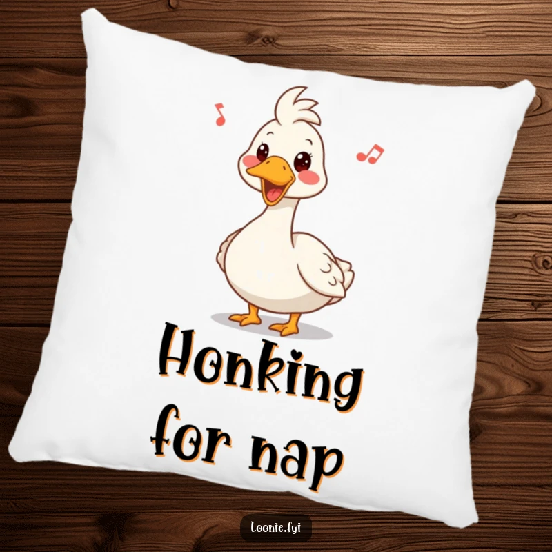 Funny pillow showing a Canadian goose with a funny, happy expression, honking a tune, perfect for cozy moments.