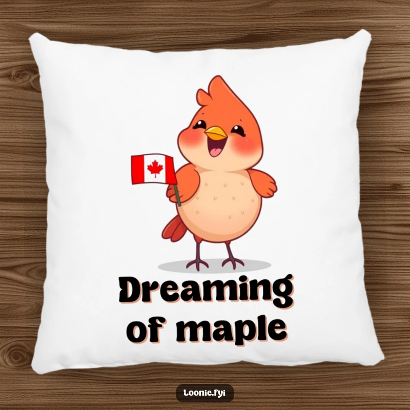 Funny Cardinal Pillow: Delighted cardinal wearing a tiny Canadian flag, chirping happily, for comfort and decor.