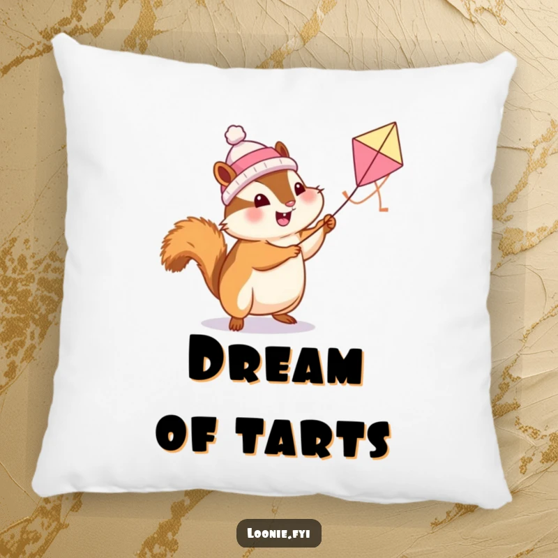 Funny Chipmunk Pillow: A cheerful chipmunk flies a butter tart kite, offering soft comfort and cute humor.