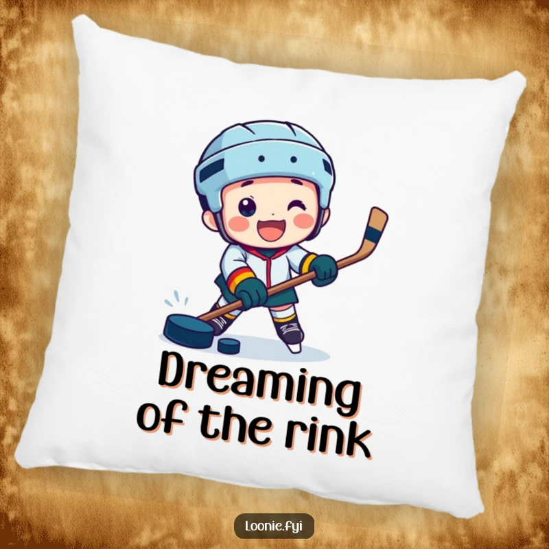 Funny pillow showcasing a jubilant character playing hockey with a puck, perfect for adding comfort and humor.