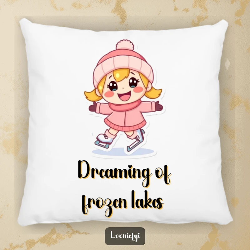 Funny pillow showcasing a happy character with a determined grin ice skating joyfully, adding comfort and humor.