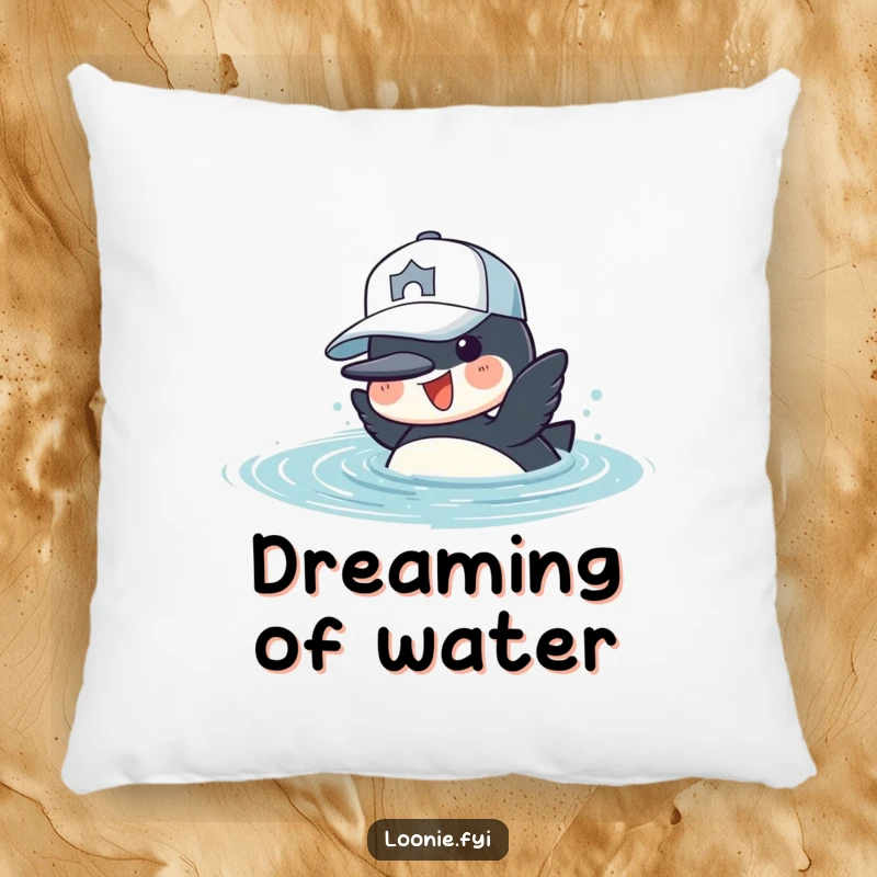 Funny Pillow: A cheerful loon in a baseball cap dives into water, offering comfort and aquatic charm.