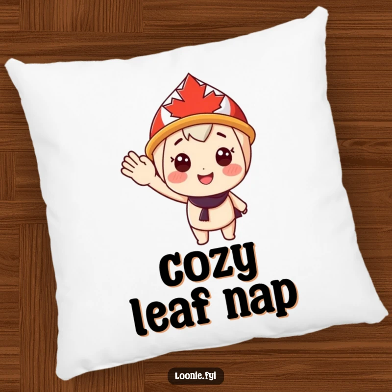 Funny Pillow: Cheerful character in a maple leaf hat offers a happy wave, bringing soft comfort and cheerful vibes. Great funny gift.