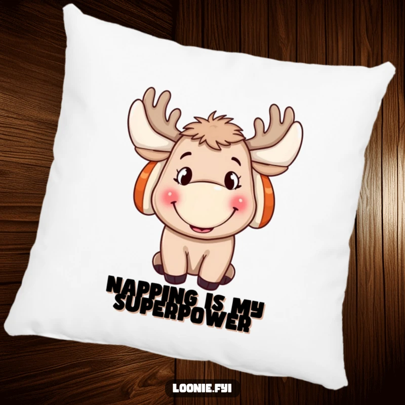 Funny Moose Pillow: A soft, decorative pillow with a grinning moose wearing ear muffs, offering a funny gift of comfort.