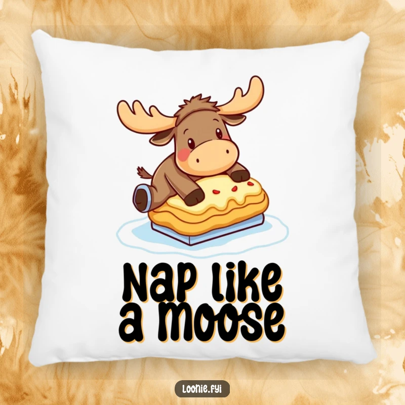Funny Moose Pillow: A moose hilariously tries ice skating on a frozen poutine, adding humor to any cozy spot.