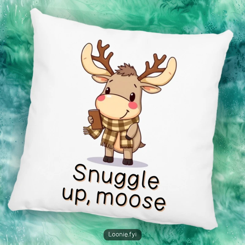 Funny Pillow: A delighted moose with antlers wears a checkered scarf, offering cozy comfort and woodland charm.