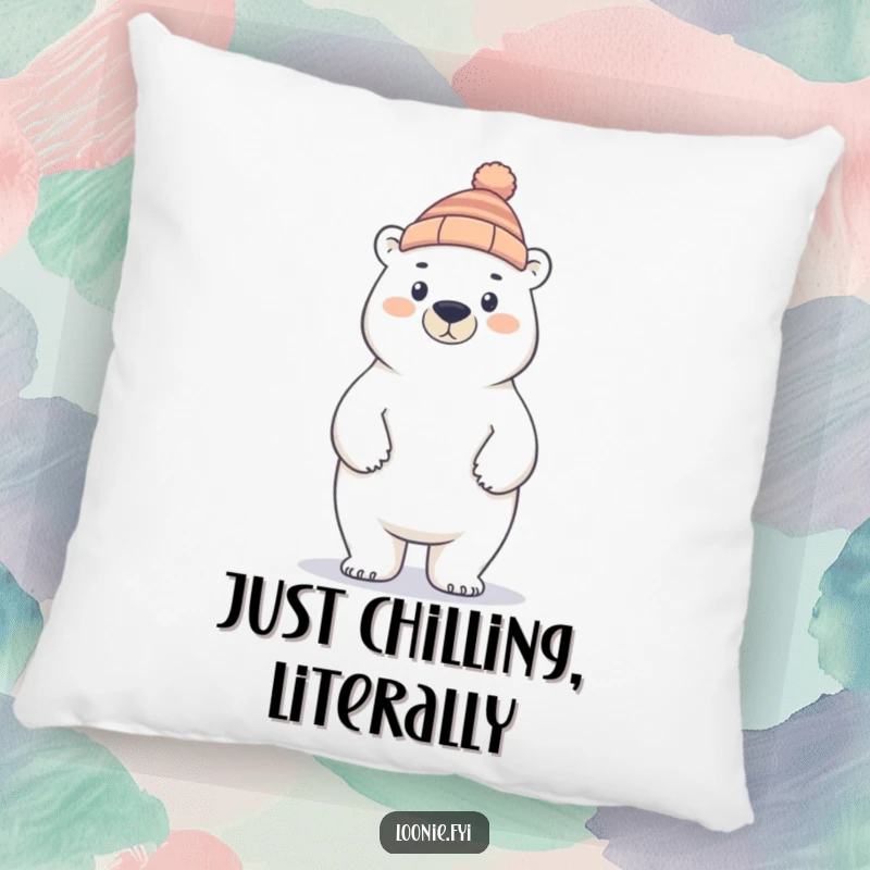 Funny polar bear pillow with a toque, offering comfort and a humorous arctic scene for your living space.