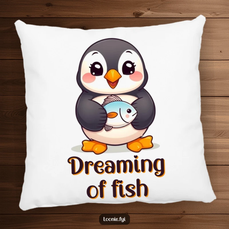 Funny Puffin Pillow: A soft cushion featuring a cheerful puffin bird holding a tiny fish, offering comfort and a smile.