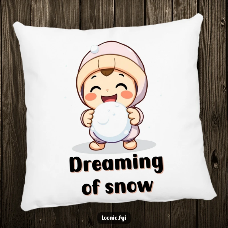Funny decorative pillow with a smiling character in a friendly snowball fight stance, providing comfort and a humorous visual.