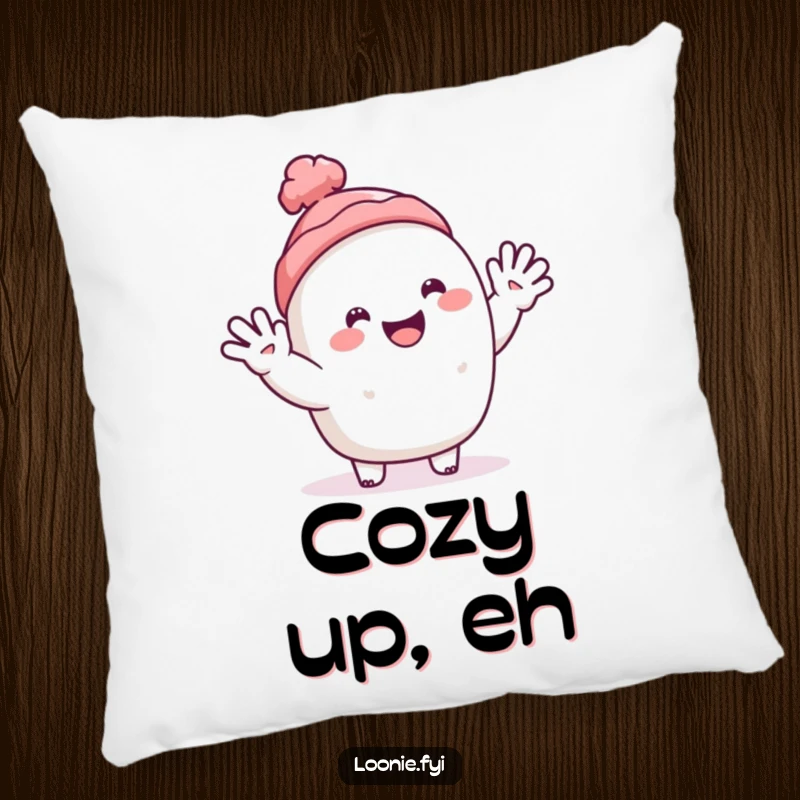 Funny decorative pillow featuring a happy toque character offering a soft, inviting, and cheerful wave.