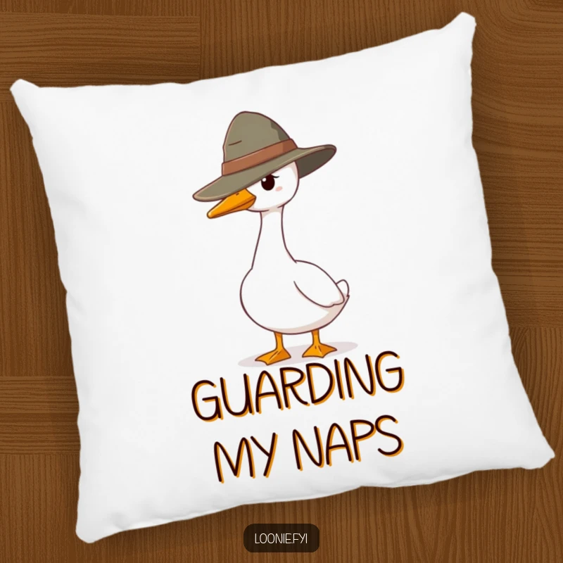 Funny pillow designed with a goose ranger standing guard, offering soft comfort and a humorous, watchful visual for any space.