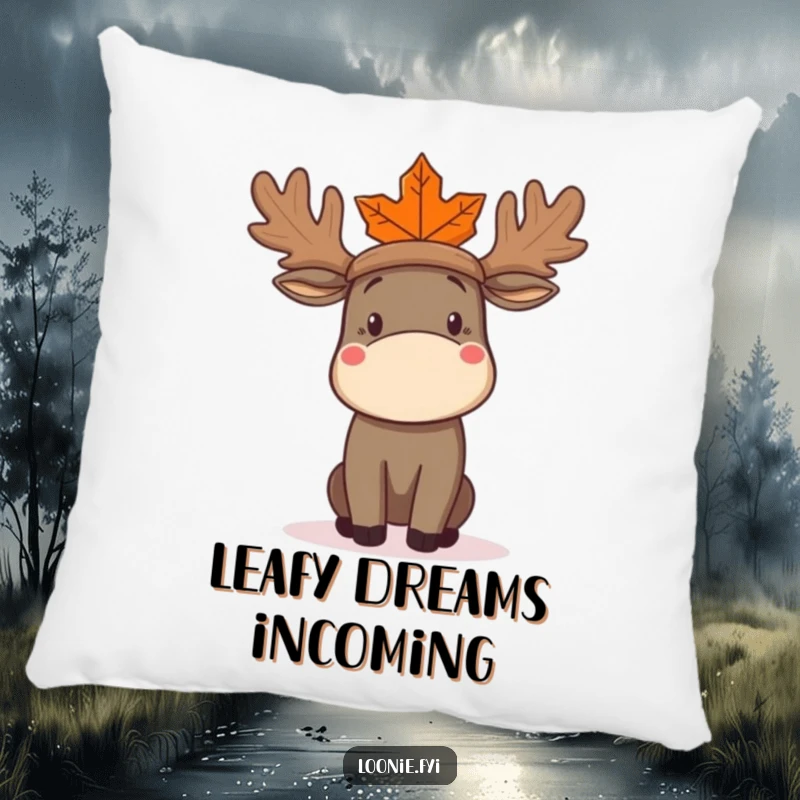 Funny Moose Pillow with a soft, confused moose wearing a maple leaf hat, designed for comfort and whimsical humor.