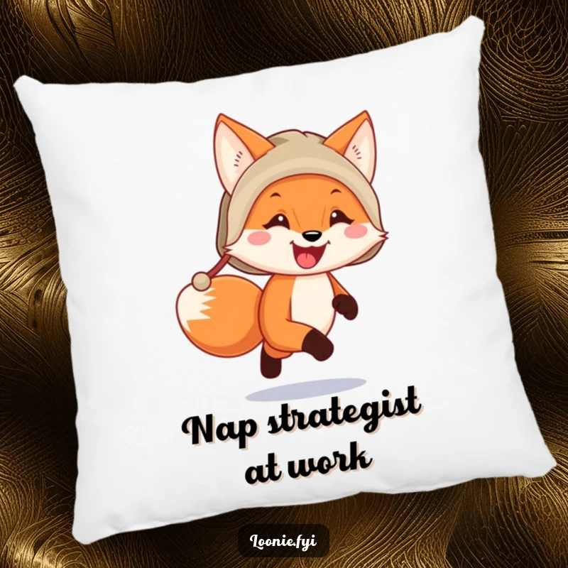 Funny happy fox wearing a trapper hat running, depicted on a soft pillow for humorous home decor.