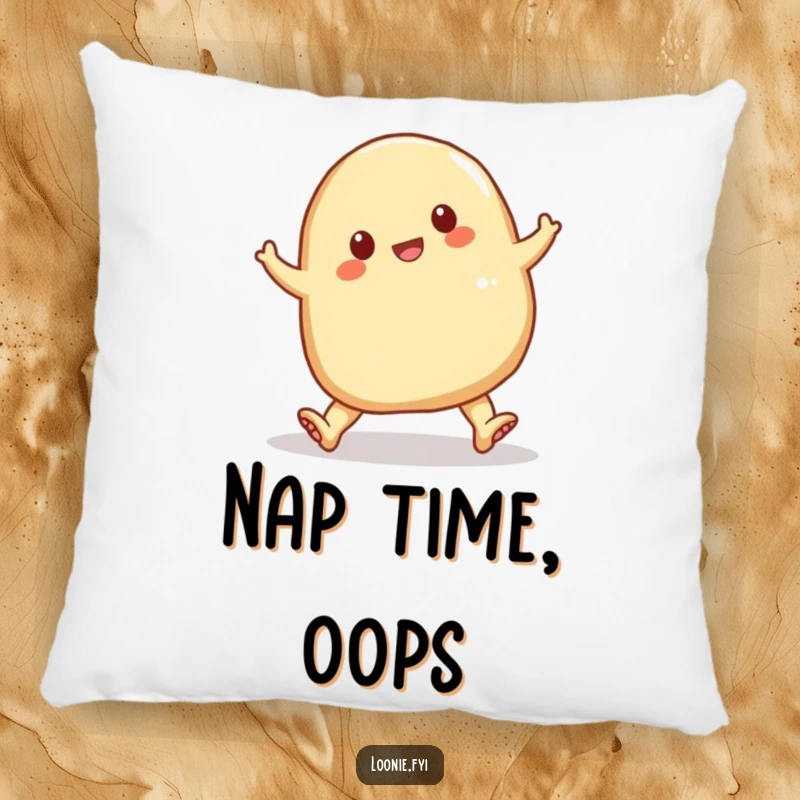 Funny perogy tripping over its doughy feet, a plush decorative pillow that adds a touch of cartoonish humor.