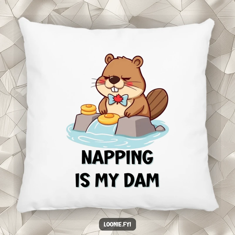 Soft, comfortable pillow with a funny grumpy beaver character building a dam with pancakes, designed for smiles.